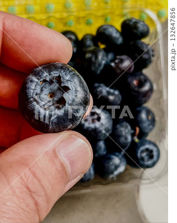Large blueberries in a transparent plastic box. High quality photo 132647856