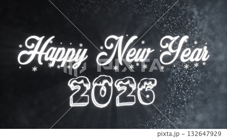 White glowing Happy New Year 2026 lettering with snow and bright light rays. Clean and festive winter greeting background with modern minimal elegance. White glowing Happy New Year 2026 lettering with snow and bright light rays. Clean and festive winter greeting background with modern minimal elegance. 132647929