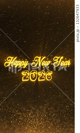 Vertical golden Happy New Year 2026 text glowing with snow and falling particles. Luxurious festive composition in warm gold light for Christmas greetings and seasonal designs. 132647933