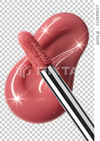 Elegant cosmetic product, glossy pink lip gloss wand and smooth, creamy swatch, perfectly isolated for beauty blogs, packaging, social media posts 132648027