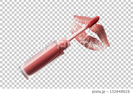 Pink lip gloss with applicator wand and kiss mark print, isolated on transparent background for beauty, cosmetic and makeup concepts 132648028