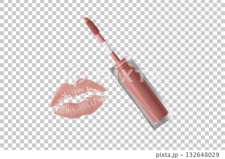 Pink lip gloss with applicator wand and kiss mark print, isolated on transparent background for beauty, cosmetic and makeup concepts Pink lip gloss with applicator wand and kiss mark print, isolated on transparent background for beauty, cosmetic and makeup concepts 132648029