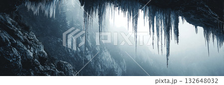 Stalactites of ice dangle from the roof of a cave, reflecting cold blue tones. The ground is rocky, creating a chilly winter scene filled with natural beauty, banner 132648032