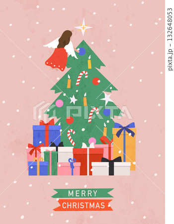 Merry Christmas and Happy New Year. Christmas tree with decorations and angel on top. Gift boxes and presents. Vector illustration. Merry Christmas and Happy New Year. Christmas tree with decorations and angel on top. Gift boxes and presents. Vector illustration. 132648053