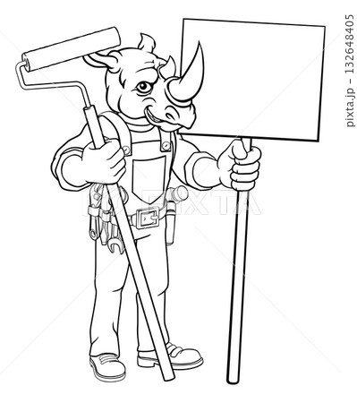 Rhino Painter Decorator Paint Roller Mascot Man 132648405