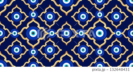 Evil eye Greek seamless pattern. Vector background with blue beads. Turkish nazar - ethnic symbol of protection energy and luck. Mystic amulet with golden ornament. Cute Arabic design Evil eye Greek seamless pattern. Vector background with blue beads. Turkish nazar - ethnic symbol of protection energy and luck. Mystic amulet with golden ornament. Cute Arabic design 132648431