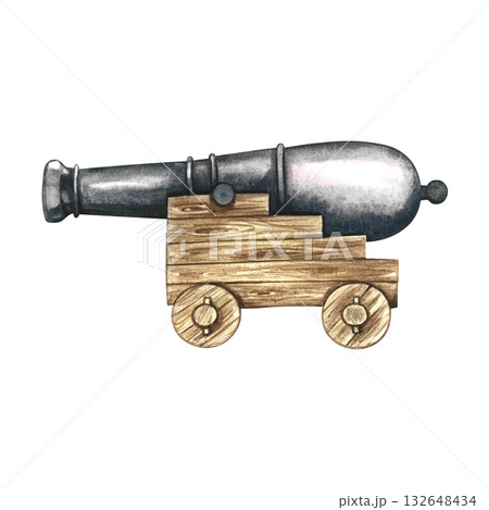 An old pirate ship cannon. Hand-drawn watercolor illustrations. Color image. Isolate. A ship cannon on a wooden carriage, medieval era. For decorating children s games and celebrations. 132648434
