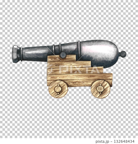 An old pirate ship cannon. Hand-drawn watercolor illustrations. Color image. Isolate. A ship cannon on a wooden carriage, medieval era. For decorating children s games and celebrations. 132648434