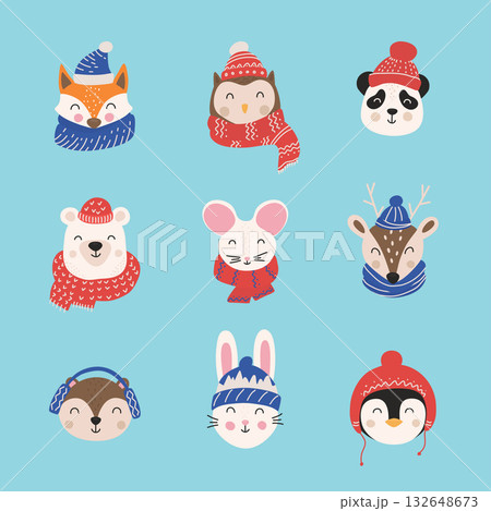 Cartoon cute animals with Christmas hats and scarfs. Merry Christmas. Hand drawn characters. Vector illustration. 132648673
