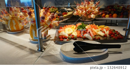 Dining Room Buffet aboard the abstract luxury cruise ship. Healthy breakfast at modern liner concept 132648912