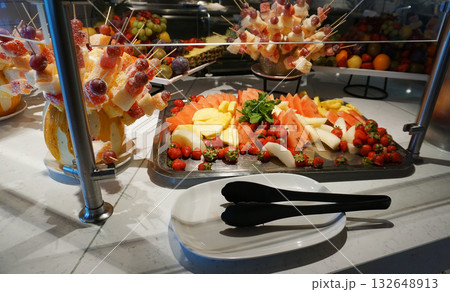 Dining Room Buffet aboard the abstract luxury cruise ship. Healthy breakfast at modern liner concept 132648913