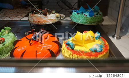 Dining Room Buffet aboard the abstract luxury cruise ship. Selective focus. Sweet cakes Dining Room Buffet aboard the abstract luxury cruise ship. Selective focus. Sweet cakes 132648924