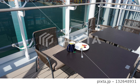 Dining Room Buffet aboard the abstract luxury cruise ship. Selective focus. Sweet cakes 132648931