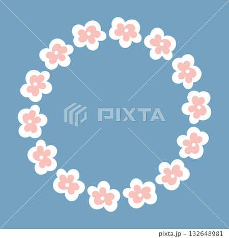 Round floral frame with pink flowers on blue background Round floral frame with pink flowers on blue background 132648981