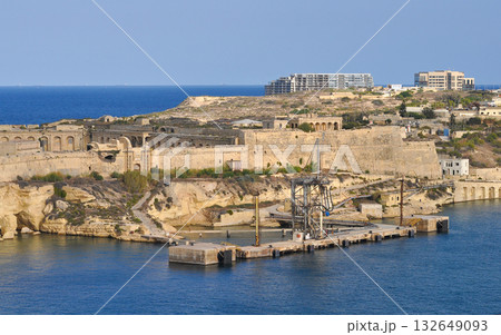Aerial view of Fort Ricasoli East Breakwater. Waves, Mediterranean sea. Malta island 132649093