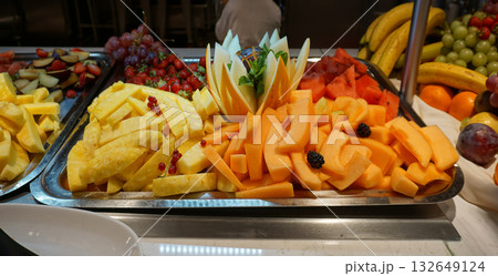Dining Room Buffet aboard the abstract luxury cruise ship. Healthy breakfast at modern liner concept 132649124