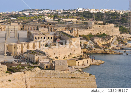 Aerial view of Fort Ricasoli East Breakwater. Waves, Mediterranean sea. Malta island 132649137