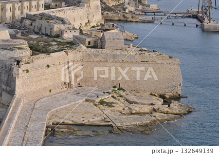 Aerial view of Fort Ricasoli East Breakwater. Waves, Mediterranean sea. Malta island 132649139