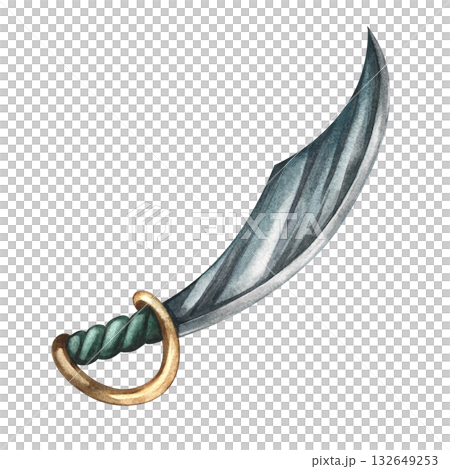 The pirate sword. Hand-drawn watercolor illustrations. Color image. Isolate. For decorating children s games and holidays. For stickers, invitation cards, posters and banners, packaging and more. 132649253