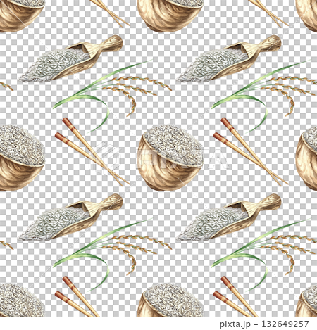 Seamless pattern of rice stalks, Chinese chopsticks, wooden rice bowls, and wooden scoops. Hand-drawn watercolor illustration. Design element for labels, menus, recipes, and cookbooks, packaging. Seamless pattern of rice stalks, Chinese chopsticks, wooden rice bowls, and wooden scoops. Hand-drawn watercolor illustration. Design element for labels, menus, recipes, and cookbooks, packaging. 132649257