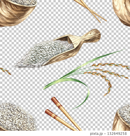 Seamless pattern of rice stalks, Chinese chopsticks, wooden rice bowls, and wooden scoops. Hand-drawn watercolor illustration. Design element for labels, menus, recipes, and cookbooks, packaging. Seamless pattern of rice stalks, Chinese chopsticks, wooden rice bowls, and wooden scoops. Hand-drawn watercolor illustration. Design element for labels, menus, recipes, and cookbooks, packaging. 132649258