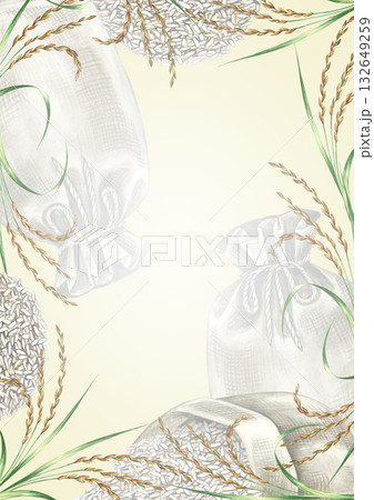 Frame with rice stalks and piles of rice. Hand-drawn watercolor illustration. Design element for menus, recipes, and cookbooks. For banners, flyers, packaging, labels, and more. Frame with rice stalks and piles of rice. Hand-drawn watercolor illustration. Design element for menus, recipes, and cookbooks. For banners, flyers, packaging, labels, and more. 132649259