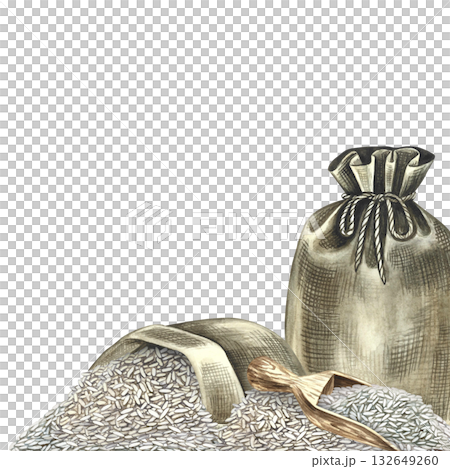 Corner frame with a picture of rice. Hand-drawn watercolor illustration. Rice in burlap bags and a wooden measuring scoop. Design element for menus, recipes, and cookbooks. Corner frame with a picture of rice. Hand-drawn watercolor illustration. Rice in burlap bags and a wooden measuring scoop. Design element for menus, recipes, and cookbooks. 132649260