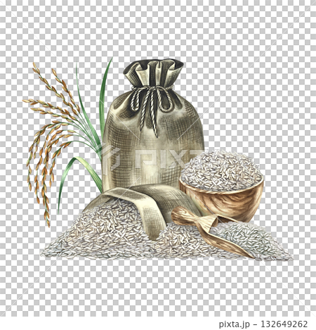 Composition depicting rice. Hand-drawn watercolor illustration. Rice in a wooden bowl with rice bags, a scoop, and rice stalks. Element of menu design, recipes, and cookbook 132649262