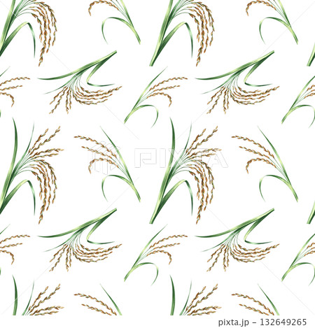 Seamless pattern with rice stalks. Hand-drawn watercolor illustration. Design element for labels, menus, recipes, and cookbooks. For banners, flyers, packaging, and more. 132649265