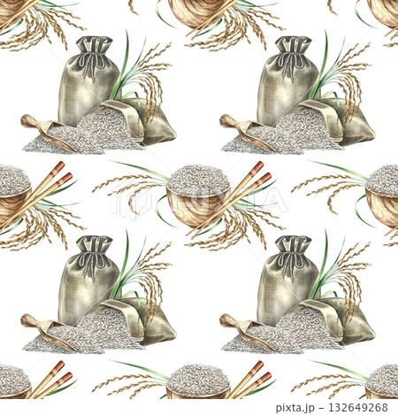 Seamless pattern with rice. Hand-drawn watercolor illustration. Rice bags, wooden cup and measuring scoops, chopsticks, and rice stalks. For labels, menus, recipes, and cookbooks, packaging, and more. 132649268