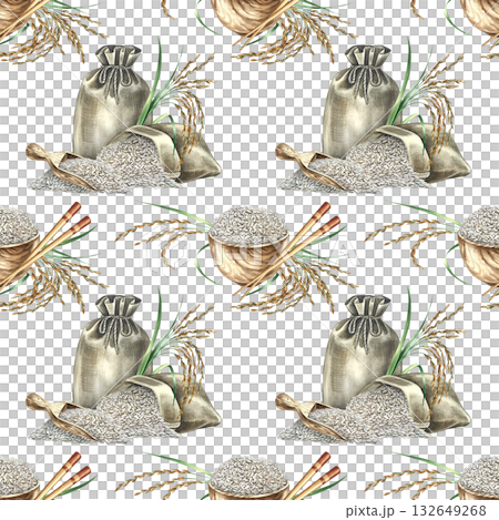 Seamless pattern with rice. Hand-drawn watercolor illustration. Rice bags, wooden cup and measuring scoops, chopsticks, and rice stalks. For labels, menus, recipes, and cookbooks, packaging, and more. 132649268