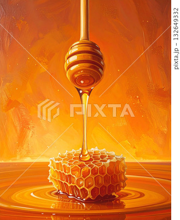 オレンジの背景にトロリと滴る蜂蜜のハニーディッパーとハニカムの甘い至福 オレンジの背景にトロリと滴る蜂蜜のハニーディッパーとハニカムの甘い至福 132649332