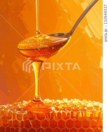 オレンジの背景にトロリと滴る蜂蜜のハニーディッパーとハニカムの甘い至福 132649337