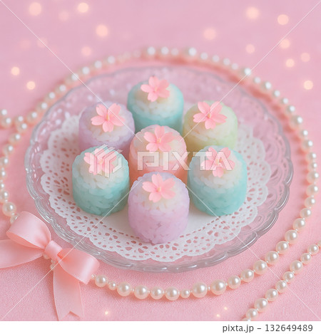 春色パステルおにぎりと桜の飾り 132649489
