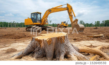 A deforested landscape with tree stumps and barren soil, with industrial machinery in the background, emphasizing the environmental destruction caused 132649530