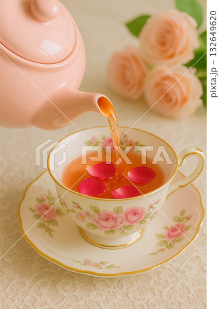 バラの花びらが浮かぶ優雅なティータイム 132649620