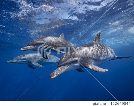 青い海の中を優雅に泳ぐ3頭のイルカの群れ 132649844