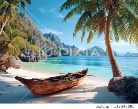 南国の白い砂浜に佇む木製ボートと椰子の木の絶景ビーチ風景 南国の白い砂浜に佇む木製ボートと椰子の木の絶景ビーチ風景 132649890