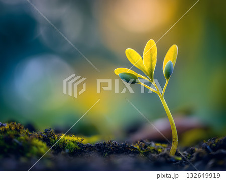 芽吹いた若葉が朝の柔らかな光に照らされる成長の瞬間 芽吹いた若葉が朝の柔らかな光に照らされる成長の瞬間 132649919