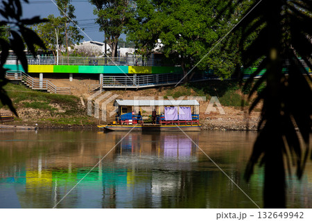 Non motorized ferry, called planchon, used by residents to cross the Sinu River from one bank to the other in the city of Monteria, Colombia. 132649942