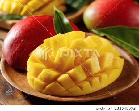 カットされた完熟マンゴーと鮮やかな果実の盛り付け 132649972