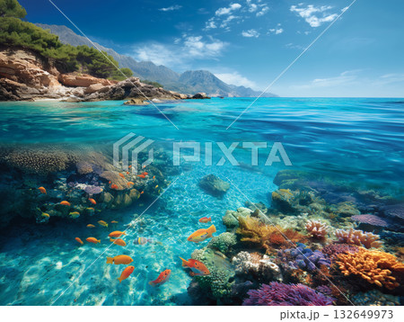 サンゴ礁と熱帯魚が広がる透明で美しい南国の海の風景 サンゴ礁と熱帯魚が広がる透明で美しい南国の海の風景 132649973