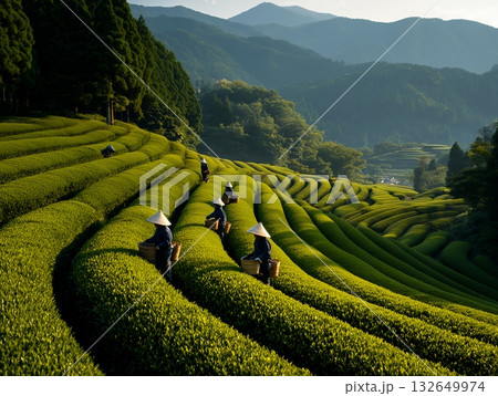 新緑の季節の美しい茶畑で笠をかぶり手摘み作業をする日本の農夫たちを遠景から捉えた風景写真 新緑の季節の美しい茶畑で笠をかぶり手摘み作業をする日本の農夫たちを遠景から捉えた風景写真 132649974