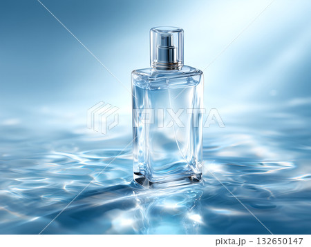 透明な香水ボトルと水面の光が美しく反射するイメージ 132650147