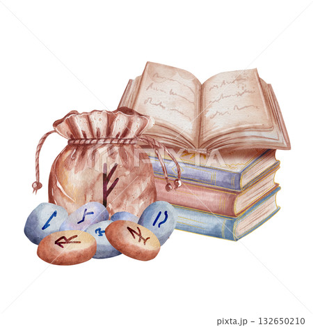 Watercolor illustration of stack of vintage paper books with an open book on top, canvas pouch tied with twine, and runes beside it. Isolated on white background 132650210