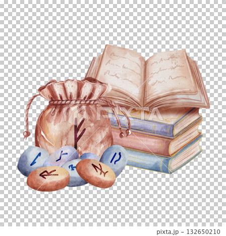 Watercolor illustration of stack of vintage paper books with an open book on top, canvas pouch tied with twine, and runes beside it. Isolated on white background Watercolor illustration of stack of vintage paper books with an open book on top, canvas pouch tied with twine, and runes beside it. Isolated on white background 132650210