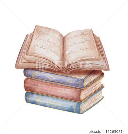 Watercolor illustration of a stack of vintage paper books with an open book on top. Isolated on white background. Perfect for education, book, mystical, magical themes Watercolor illustration of a stack of vintage paper books with an open book on top. Isolated on white background. Perfect for education, book, mystical, magical themes 132650214