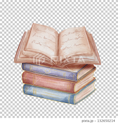 Watercolor illustration of a stack of vintage paper books with an open book on top. Isolated on white background. Perfect for education, book, mystical, magical themes Watercolor illustration of a stack of vintage paper books with an open book on top. Isolated on white background. Perfect for education, book, mystical, magical themes 132650214