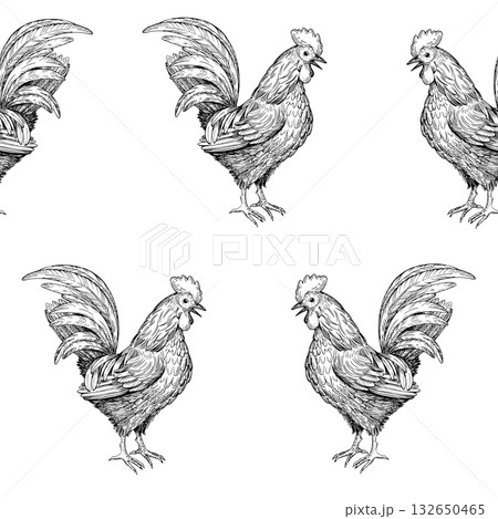 Seamless pattern of roosters. Vector ink styled handmade illustration. For packaging design, cards, cover, prints, product labels and fabric. 132650465