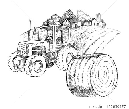 Tractor and haystack with the farm on a background. Vector ink styled handmade illustration. For packaging design, cards, cover, prints, product labels and fabric. Tractor and haystack with the farm on a background. Vector ink styled handmade illustration. For packaging design, cards, cover, prints, product labels and fabric. 132650477